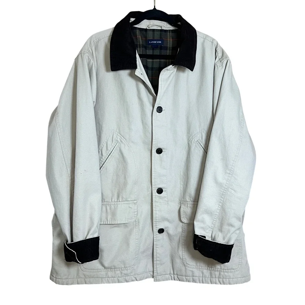 Lands End Mens XXL Barn Coat Canvas Field Jacket Khaki Plaid Removable Liner